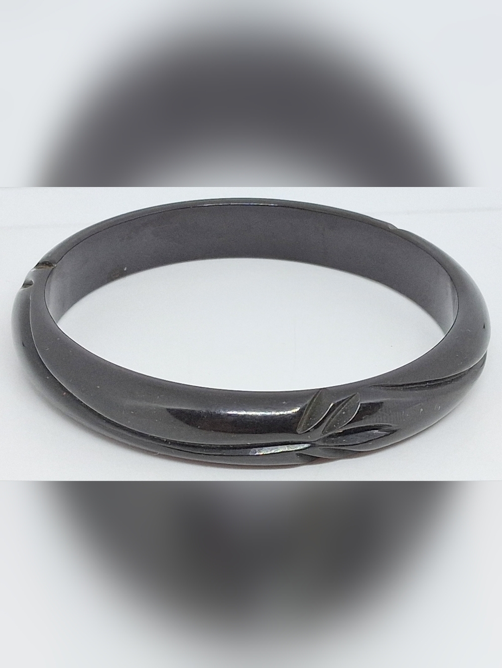 Carved Leaf Black Bakelite Bangle Bracelet